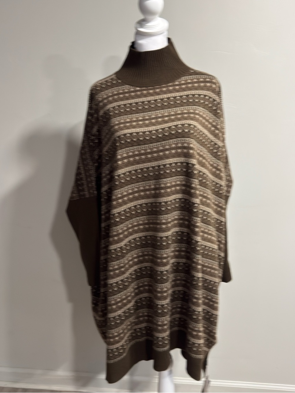 Brown Patterned Cashmere Blend Cowl-Neck Knit Poncho Sweater